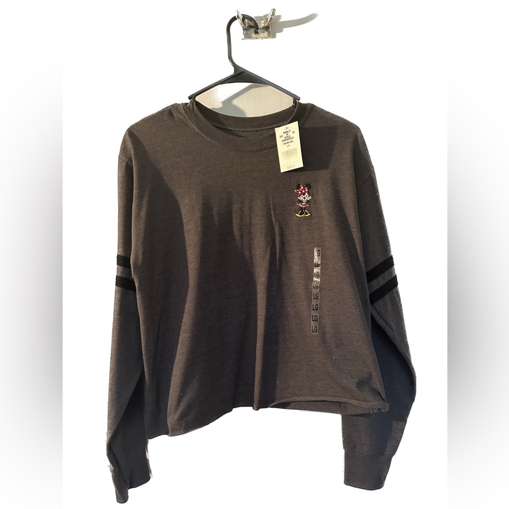 Long sleeved, dark grey, Disney brand crop top. With Minnie Mouse stitching.